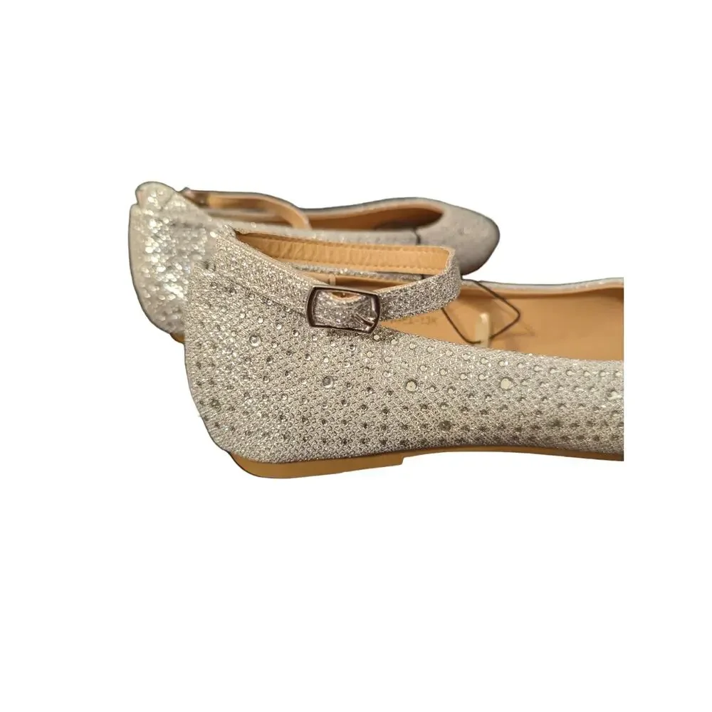 Adrienne Vittadini Girls Silver Rhinestone Ballet Flats with Ankle Strap Size 3